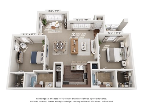 Floor plan for 2 beds, 2 baths, 1097 sqft